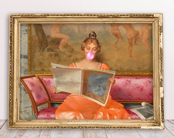 Reading Lady with Pink Bubble Gum Horizontal, Funny vintage Alter art portrait, Pink print, Digital Download Printable, Rococo oil painting
