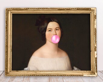 ロココ調の風船ガムを吹く女性の絵画 - フランスのヴィンテージ肖像画