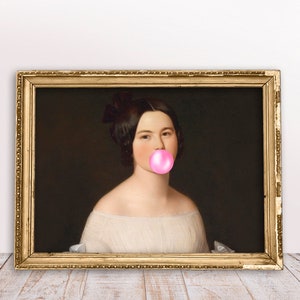 Lady in White Dress blowing Pink Bubble gum Horizontal, Alter art print, Vintage portrait, Rococo oil painting, Baroque Download Printable