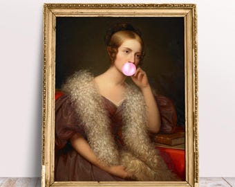 ロココ調の風船ガムを吹く女性の絵画 - フランスのヴィンテージ肖像画