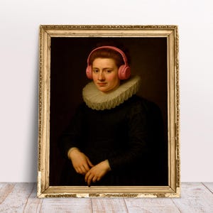 Aangepaste kunstprint, barok Lady Juliet in roze koptelefoon, grappige kunstposter, vintage portret, digitale download afdrukbare, trendy kunst aan de muur