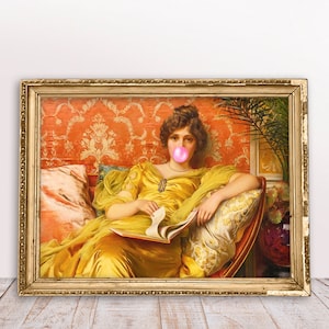 Reading Lady in yellow dress with Pink Bubble Gum Horizontal print, Funny Alter art portrait, Digital Download Printable, Rococo painting