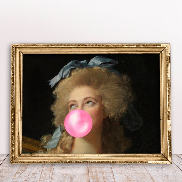 Madame Grand with Pink Bubble gum Horizontal poster, Alter art portrait, Rococo Vintage, French Rococo painting, Baroque Download Printable