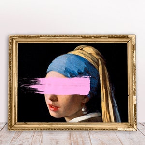 Vintage Portrait Girl with Pearl Earring Pink Defaced, Funny Altered Art print, Digital Download Printable, Fine Baroque decor, Classic art