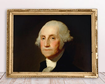 May include: A framed portrait of George Washington, the first president of the United States. The portrait is painted in oil on canvas and shows Washington in a dark suit with a white cravat. The frame is gold and ornate.