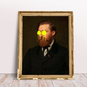 Neongeel veranderd kunstportret van een heer, digitale download afdrukbaar, vintage olieverfschilderij, stedelijke stijl, grappige klassieke poster