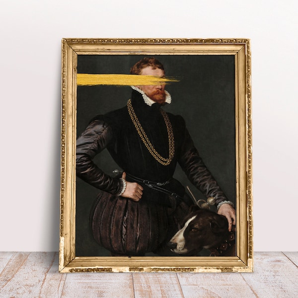 Gold Alter Art Portrait of a Gentleman and Hunting Dog Download Printable, Digital art Vintage oil painting, Renaissance poster Regency home