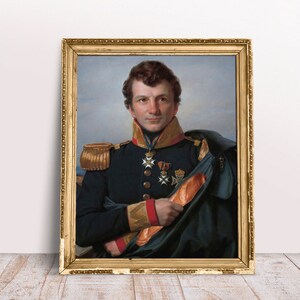 Veranderd vintage portret van generaal met stokbroodprint, veranderde kunst, digitale download afdrukbaar, grappig schilderij, bakkerijposter, voedselprint