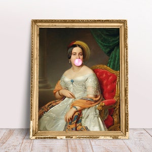 Lady Louise soufflant impression de chewing-gum rose, affiche d'art modifiée drôle, art mural vintage, imprimable en téléchargement numérique, art mural bubble-gum