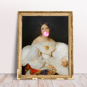 Pink Bubble gum poster Blowing Alter art portrait of Lady, Vintage Germany Rococo oil painting, Baroque Download Printable, Eclectic decor