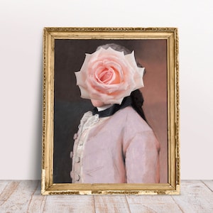 Pink Flower Head Surreal Art Portrait, Funny altered poster, Quirky Digital Download Printable, Dutch floral, Flower head collage