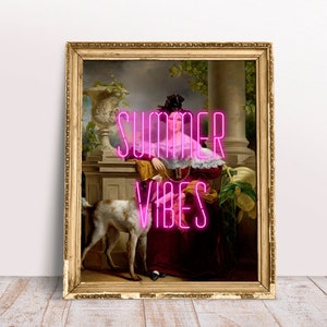 Sommer Vibes Poster, Neon Pink Zitate Druck, Lady Alida mit Hund, Altered Vintage Kunst, digitaler Download druckbar, schrullige Wohnkultur