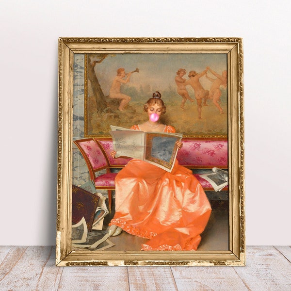 Reading Lady with Pink Bubble Gum, Funny vintage Altered art portrait, Pink print, Digital Download Printable, Rococo oil painting