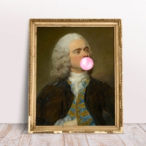 Funny classic Altered art print, Charles Francois blowing Pink Bubble gum poster, Baroque art, Digital Download Printable Antique Man