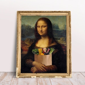 Mona Lisa met voedselzak gewijzigde kunstprint, beroemd renaissanceportret, digitale download afdrukbaar, grappig keukendecor, gezonde voeding kunst