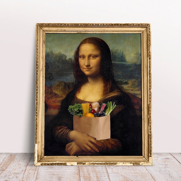 Mona Lisa with Food Bag Altered Art print, Famous Renaissance portrait, Digital Download Printable, Funny Kitchen decor, Healthy food art