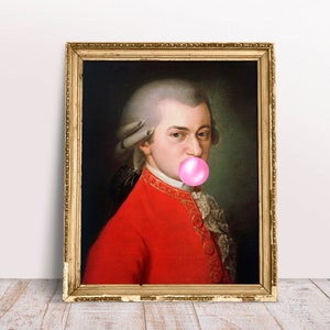 Mozart with Pink Bubble gum poster, Funny classic Alter art portrait, Fine Vintage print, Digital Download Printable, Famous person