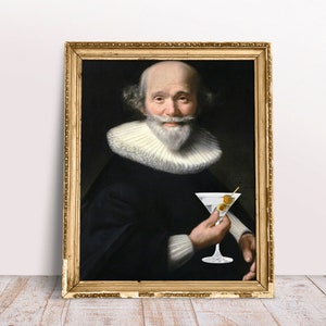 Funny altered art, Vintage portrait Man with Martini Cocktail print, Baroque oil painting, Quirky Download Printable, Drink art poster