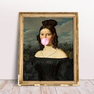Lady in Black blowing Pink Bubble gum print, Funny Altered art portrait Lady, Vintage Rococo art, Digital Download Printable, Bubblegum art