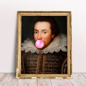 Shakespeare with Pink Bubble gum poster, Funny classic Alter art portrait, Vintage print, Digital Download Printable, Famous person