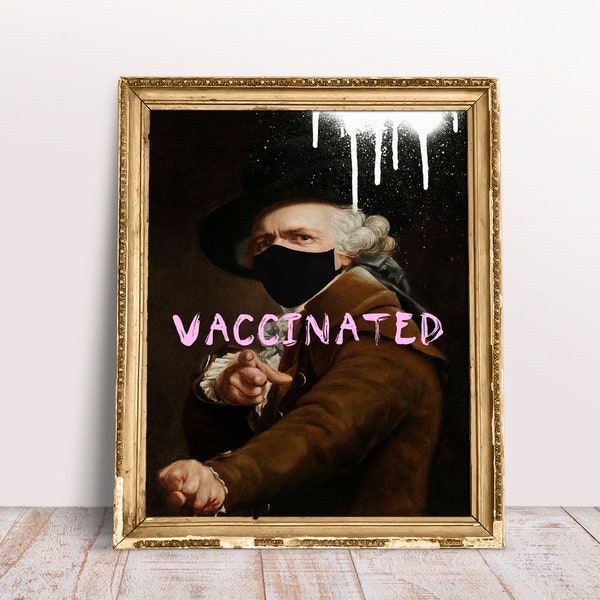 Cadeau VACCINÉ, Alter Art Portrait Joseph Ducreux en masque facial, Télécharger Digital Printable, Funny vintage painting, Congrats quote poster