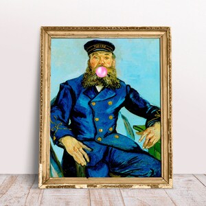 Stampa di Van Gogh - Divertente ritratto del postino Joseph Roulin che soffia una gomma da masticare rosa, pittura Alter, poster vintage Download digitale stampabile