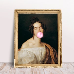 Magdalena blowing Pink Bubble gum poster, Funny Altered art portrait of Lady, Vintage Rococo art, Digital Download Printable, Bubblegum art