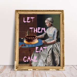 Let Them Eat Cake print, Funny vintage Rococo, Altered art portrait of Lady with Choco Cake, Pink Quotes poster, Digital Download Printable