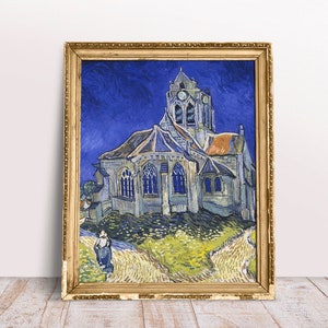 Vintage painting Van Gogh The Church in Auvers-sur-Oise print, Old house, Digital Download Printable, Blue Green Building, Famous Fine art