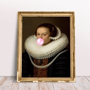 Bubblegum art, Altered art print, Johanna Visscher blowing Pink Bubble gum poster, Rococo Printable wall art, Digital Download, Funny art