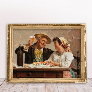 Funny vintage Altered art print, portrait Couple with Sushi and Beer, Digital Download Printable, Kitchen decor, Food art, People eating art