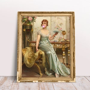 Carta de leitura de senhora com chiclete rosa, retrato de arte alterada vintage engraçado, impressão verde, download digital para impressão, pintura a óleo rococó