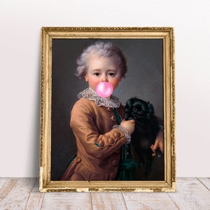 Niño pequeño y cachorro soplando chicle, pintas infantiles rosas, bebé rococó, arte alterado francés, dormitorio para niños, niño con perro Descargar imprimible