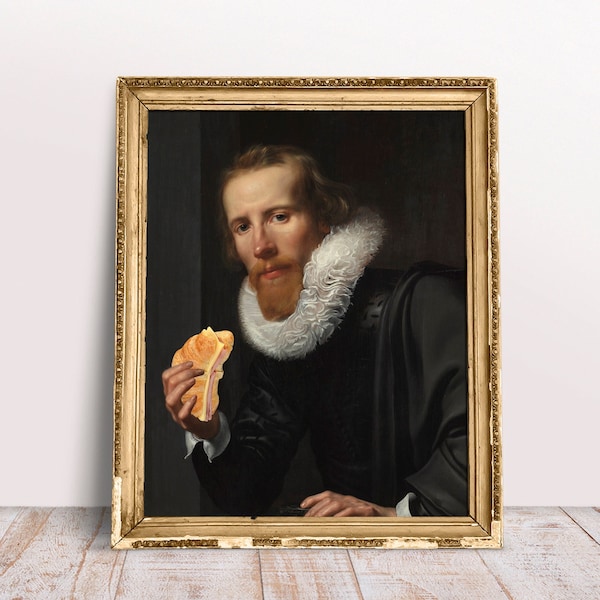 Portrait Gentleman mit Croissant, lustige alter Art, barocke Malerei, digitaler Download druckbar, Küche Dekor, French Food Druck