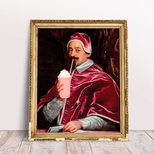 Grappige veranderde kunst, Vintage portret Paus met Roze Milkshake, Barok olieverfschilderij, Eigenzinnige Download Printable, Food print Kitchen art poster