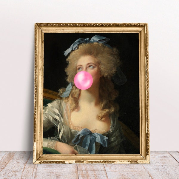 Rosa Bubble Gum Poster Blowing Alter Kunst Porträt Madame Grand, Rokoko Vintage, französisches Rokoko Ölgemälde, Barock Download Printable