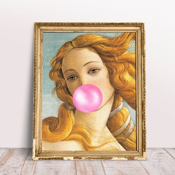 Geburt der Venus rosa Bubble Gum Druck, Vintage Altered Kunst großes Porträt, Renaissance Kunstdrucke, Digital Art Print Download