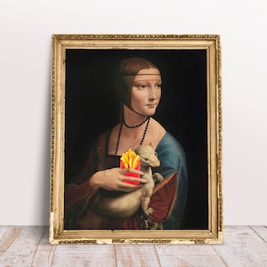 Funny Altered art print, Vintage Lady with Ermine holding French Fries, Digital Download Printable, Renaissance art, Kitchen Food poster