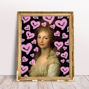 Altered art print, Princess Frederica Pink Hearts Graffiti, Fine art poster, Classic portrait, Love wall art, Digital Download Printable