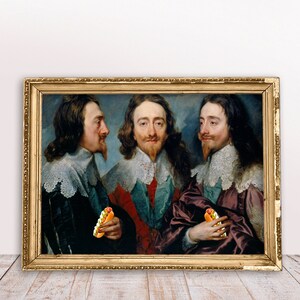 Funny altered art print, Vintage Portrait Charles I with Hot Dog poster, Food print, Quirky Baroque kitchen art, Digital Download Printable