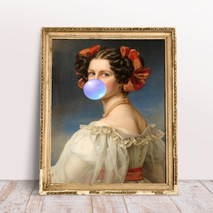 Blue Bubble gum poster Blowing Alter art portrait Auguste Strobl, Renaissance painting, Baroque Digital Download Printable, Vintage Woman