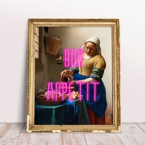 Bon Appetit Neon Pink Quote poster, The Milkmaid print, Funny Altered vintage art, Rococo Kitchen decor poster, Digital Download Printable