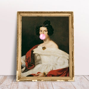 Dame autrichienne soufflant rose Bubble gum impression, portrait d'art modifié drôle, art rococo vintage, DigitalDownload imprimable, affiche d'art Bubblegum