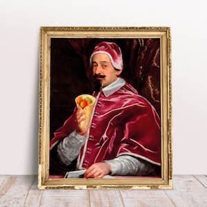 Funny altered art, Vintage portrait Pope with Burrito, Baroque painting, Digital Download Printable, Kitchen art poster, Mexican food print