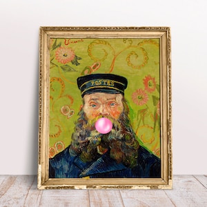 Van Gogh - Divertente ritratto del postino Joseph Roulin che soffia una gomma da masticare rosa, pittura Alter, stampa poster vintage, Download stampabile