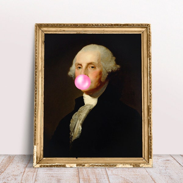 George Washington with Pink Bubble gum poster, Funny classic Alter art portrait, Vintage print, Baroque Download Printable, Regency home