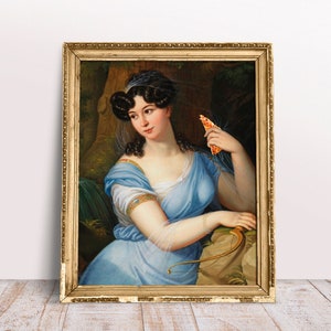 Funny altered art print, Lady in Blue with Pizza poster, Vintage wall art, Food Digital Download Printable, Dining room decor, Pizza art