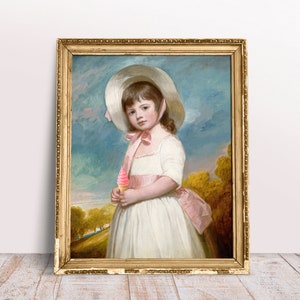 May include: A painting of a young girl wearing a white dress and a large white hat, holding a pink ice cream cone. The background is a landscape with trees and a blue sky.