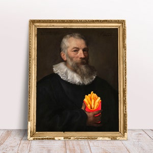 Art modifié drôle, peintre de portrait vintage avec affiche de frites, peinture baroque, téléchargement numérique imprimable, art de cuisine d&#39;impression de nourriture