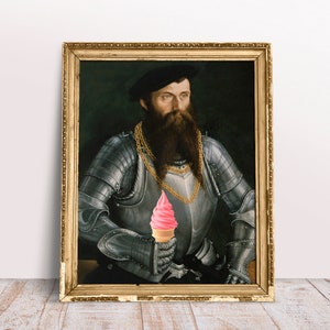 Funny altered art, Vintage portrait Man in Armor with Pink ice cream poster, Knight Baroque oil painting, Quirky Download Printable